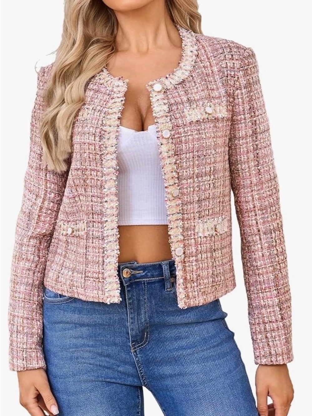 Classic Pink Tweed Jacket - Women's Elegant Cropped Coat